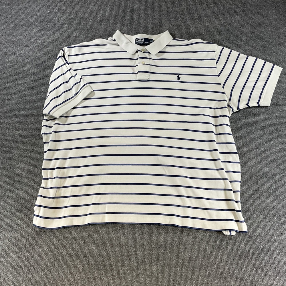 Polo Ralph Lauren Mens XXL White Navy Blue Striped Short Sleeve Polo Shirt Pony